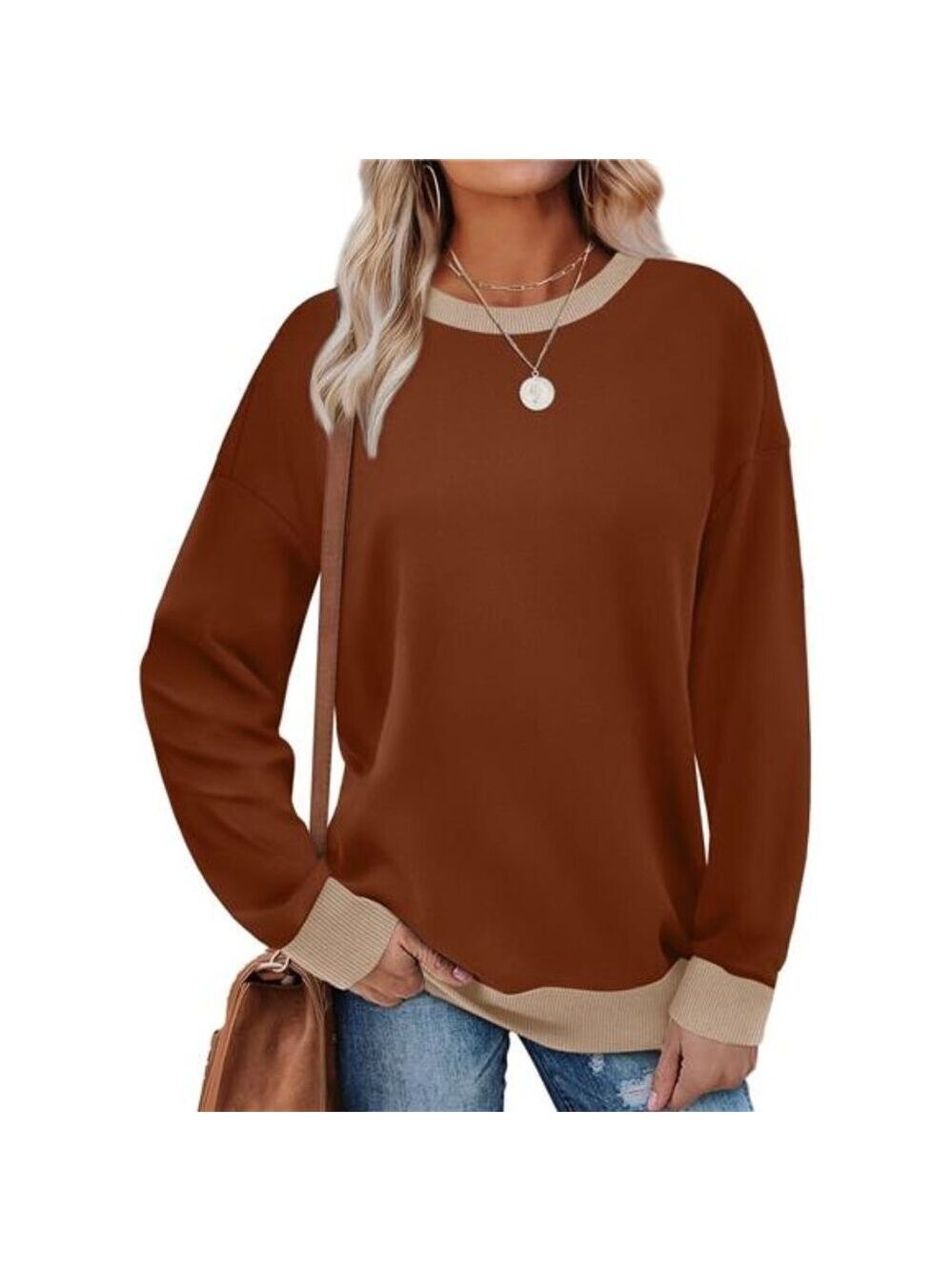 Womens color block sweatshirt crewneck long sleeve loose fit casual top 2025